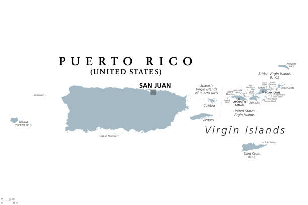 ilustraciones, imágenes clip art, dibujos animados e iconos de stock de puerto rico e islas vírgenes, mapa político gris - us virgin islands