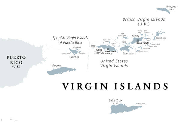 ilustraciones, imágenes clip art, dibujos animados e iconos de stock de islas vírgenes británicas, españolas y estadounidenses, mapa político gris - us virgin islands