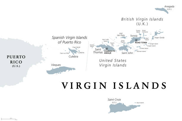 illustrazioni stock, clip art, cartoni animati e icone di tendenza di isole vergini britanniche, spagnole e statunitensi, mappa politica grigia - us virgin islands