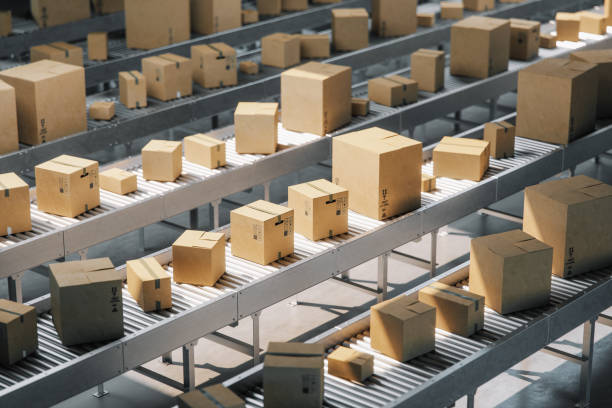 Boxes On Conveyor Belt Cardboard boxes on conveyor belt in a distribution warehouse. box container stock pictures, royalty-free photos & images