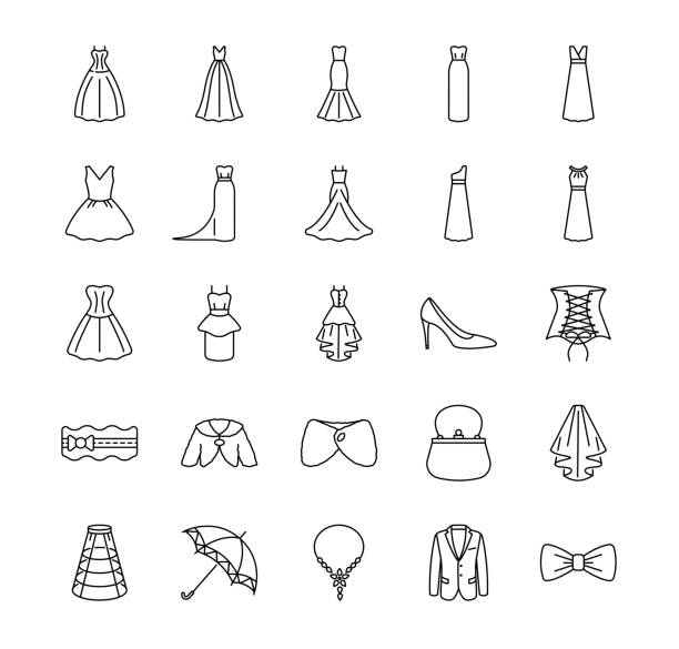 Icons set of varieties of wedding dresses and accessories. Different styles of wedding dresses. Vector illustrations to indicate product categories in the online bridal store. Flat Icons set of varieties of wedding dresses and accessories. Different styles of wedding dresses. Vector illustrations to indicate product categories in the online bridal store. vintage garter belt stock illustrations