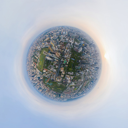Little planet 360 degree sphere. Panorama of aerial view of The Royal Bangkok Sports Club in Ratchadamri district, Bangkok Downtown Skyline. Thailand. Skyscraper buildings in urban city.