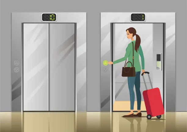 Vector illustration of Woman pushing elevator button