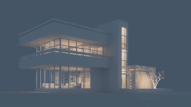 istock Modern house with a balcony and a high staircase, project in gray materials with night lighting and light from the windows on a gray background. 3D stock illustration. 1225835105