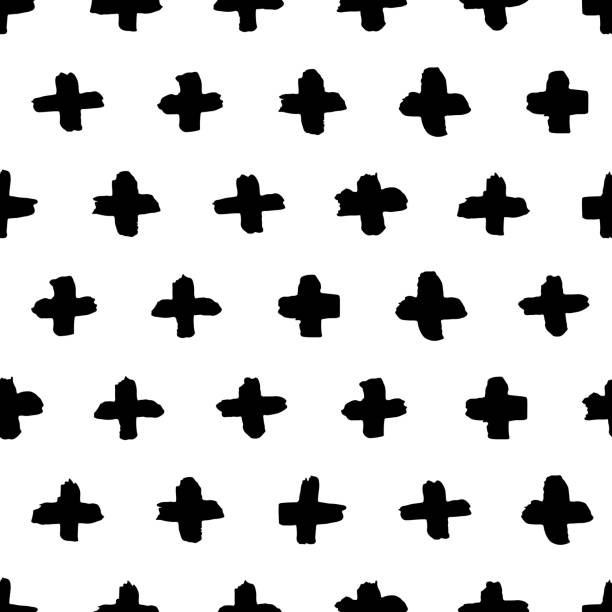 illustrations, cliparts, dessins animés et icônes de aquarelle ou encre abstraite blanc noir plus signe motif sans couture. fond de texture grunge croisée. illustration de vecteur - cross shape cross pattern black