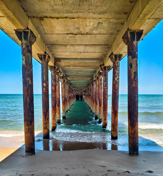 istock View under the dock at the beach. Coming and foamy waves under the dock 1225838659