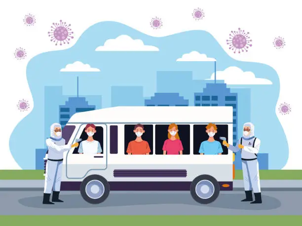 Vector illustration of doctors checking temperature for covid19 in bus