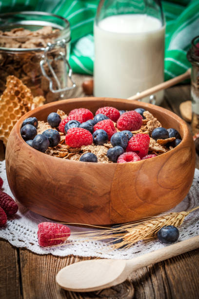 istock Tasty breakfast with milk and fruit. 1225842522