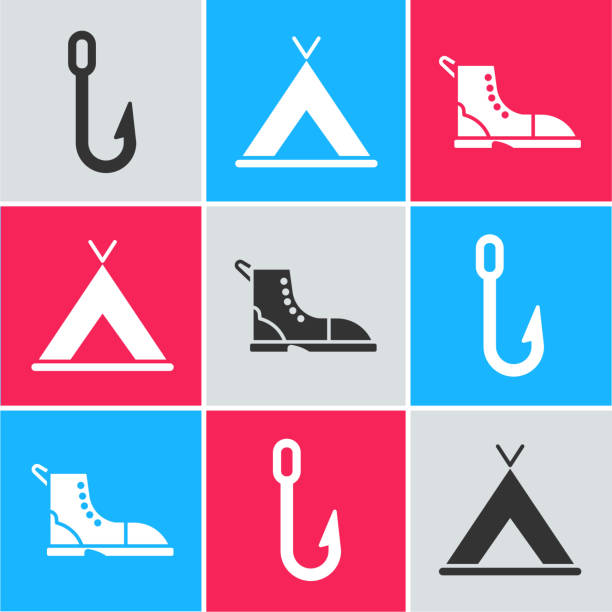 Set Fishing hook, Tourist tent and Hiking boot icon. Vector