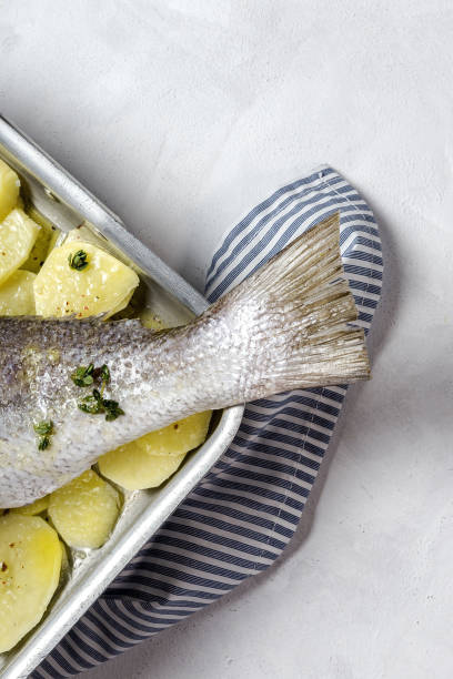 Fresh raw sea bass fish prepared for roasting with potatoes
