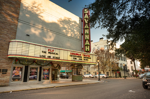 Savannah, USA - November 29, 2019::  Exterior view of the historic Savannah Theatre by Chippewa Square park in downtown Savannah Georgia USA.  The theater was established in 1818