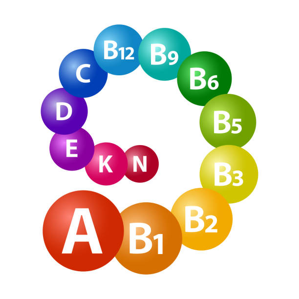 vitamin-set. multivitaminkomplex für gesundheit a, b1, b2, b3, b5, b6, b9, b12, c, d, e, k, n. rainbow wirbeln. bunte 3d kugeln. vektor - capsule vitamin pill letter k medicine stock-grafiken, -clipart, -cartoons und -symbole