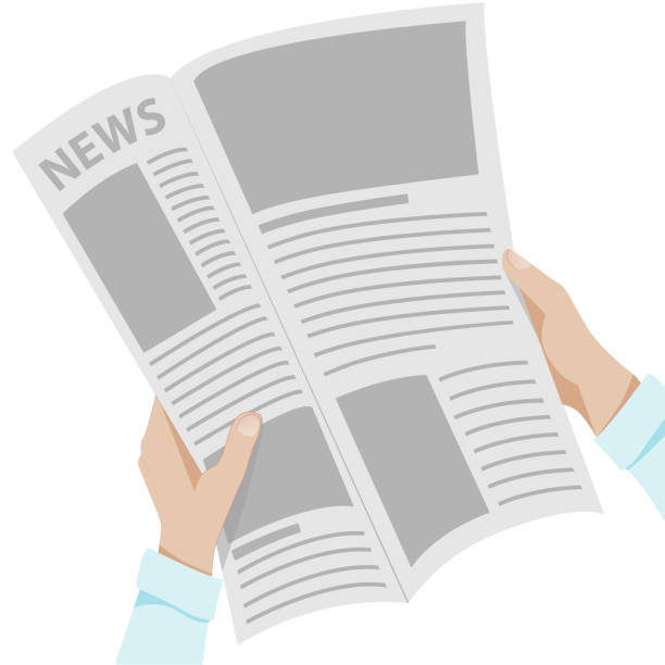 istock mans hands in blue shirt holding newspaper with news title on white background. Vector 1225845457