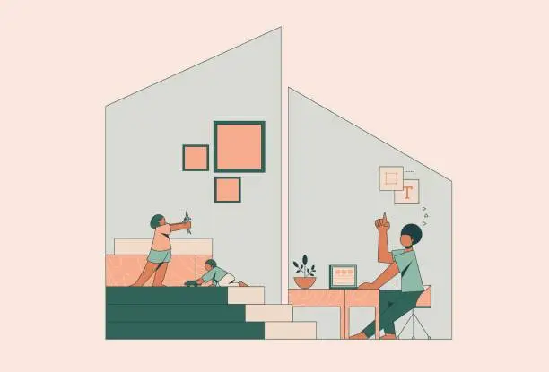 Vector illustration of Single father working from home during COVID-19 pandemic