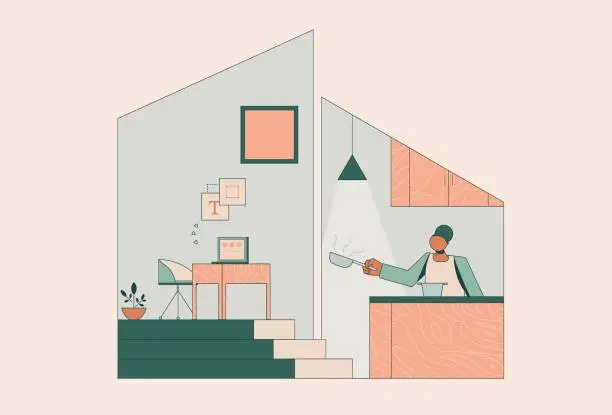 Vector illustration of Woman cooks in her home