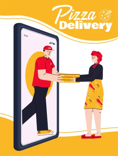 Vector illustration of Pizza delivery man handing online order straight out of smartphone screen