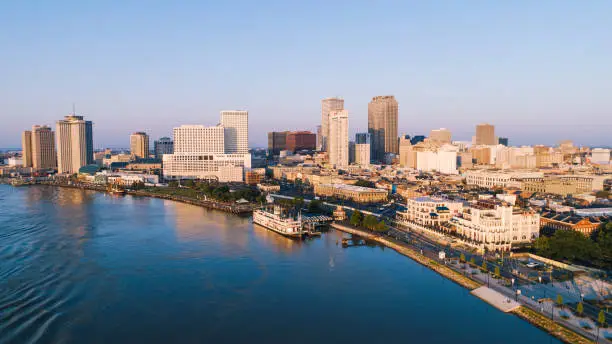 Photo of Aerial view of New Orleans with Mississippi River in French Quarter district in the morning