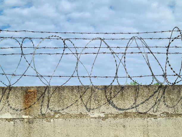 istock Barbed wire on concrete fence 1225851006