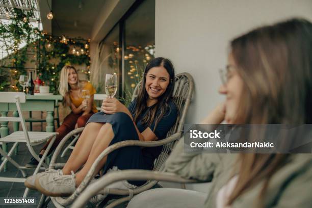 Enjoying Good Wine On The Open Terrace Stock Photo - Download Image Now - Girls' Night In, Wine, Patio