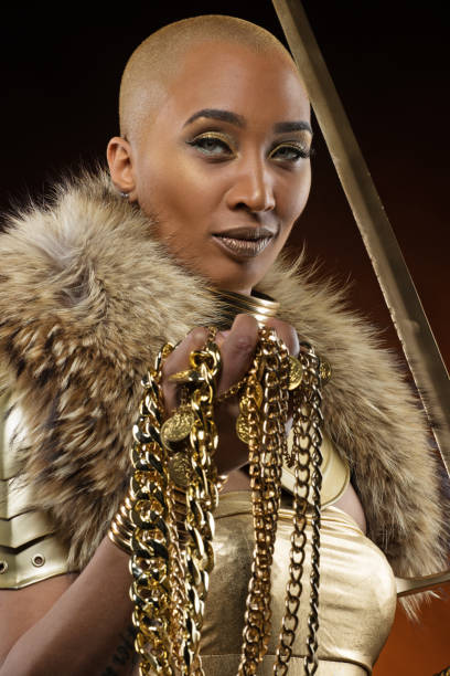 istock Golden viking inspired warrior female in studio shot 1225853482