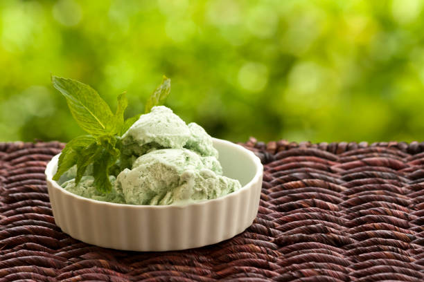 Bowl of ice cream with mint leaves