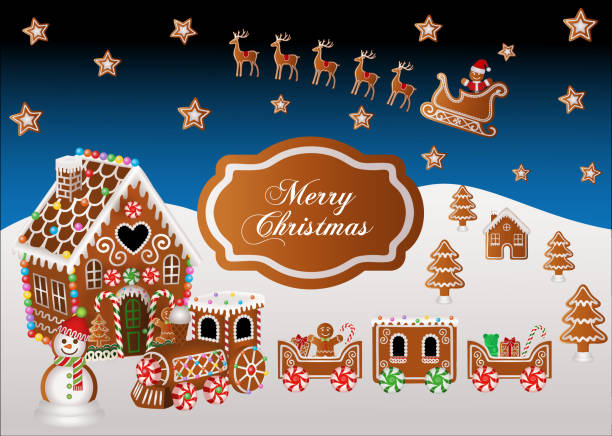 świąteczne tło z piernikowym, gingerbread train, piernikowe sanki i świąteczne cukierki - christmas landscape invitation christmas tree stock illustrations