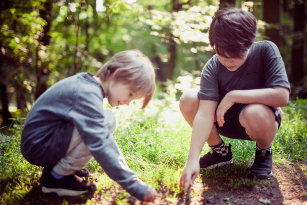 istock Schoolchildren in forest. Brothers in forest. 1225855104