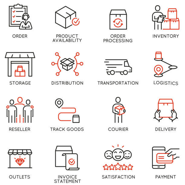 ilustrações de stock, clip art, desenhos animados e ícones de vector set of linear icons related to tracking order, shipping and express delivery process. mono line pictograms and infographics design elements - warehouse