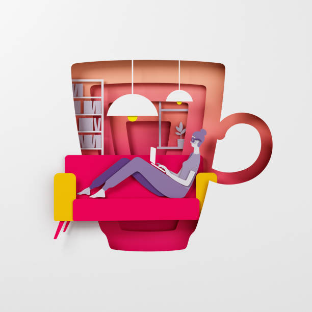 женщина работает удаленно сидя на диване с ноутбуком дома. 3d-иллюстрация - book sofa women bookshelf stock illustrations