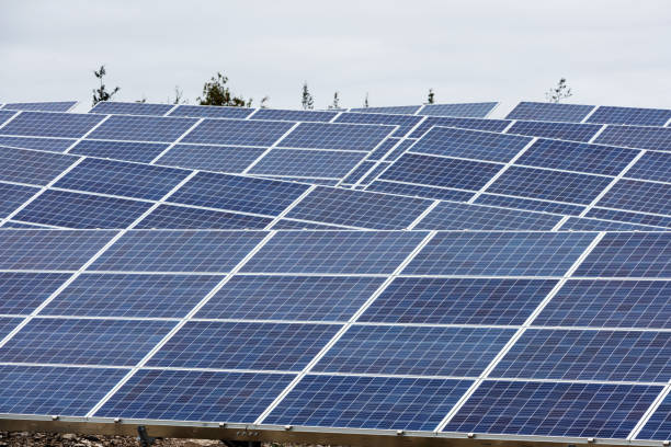 Solar panels filling the landscape at a new Solar Farm stock photo