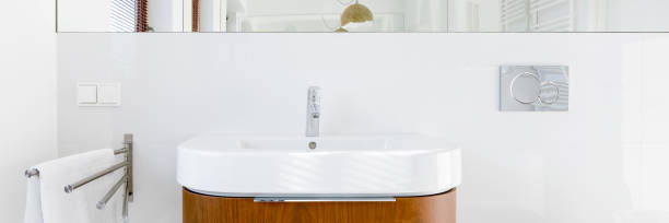istock Bathroom with oval washbasin, panorama 1225858931