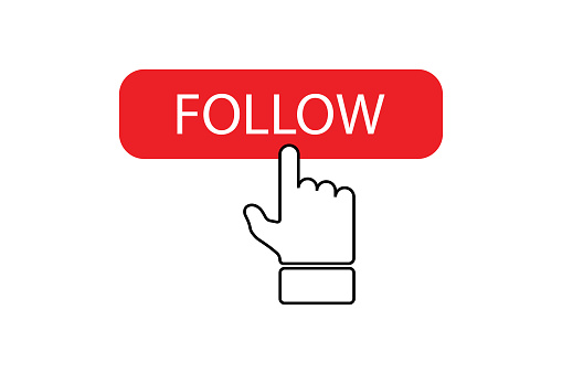 Follow button with click-hand, banner for web design. Vector illustration