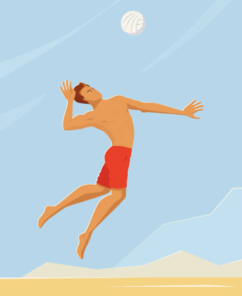 Athlete is spiking a ball while jumping. Serving in volleyball game. Beach volleyball player in sports shorts is going to serve the ball in a jump. Spike training. The arm is laid back, the legs are bent at the knees. Handsome man hits the ball, side view. Flat design good looking man looking up stock illustrations
