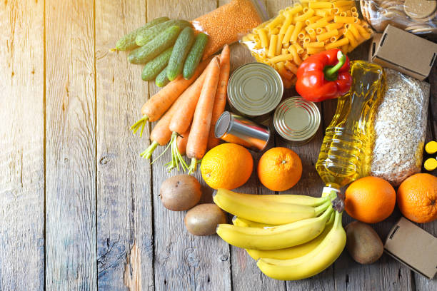istock Food donations background with different eatable products 1225861492