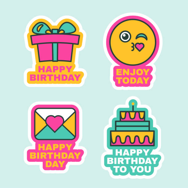 ilustrações de stock, clip art, desenhos animados e ícones de happy birthday labels comic sticker icon design - personal accessory balloon beauty birthday