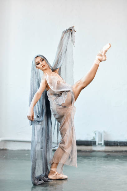 istock Modern style ballet dancer ex on a studio grey background in fog 1225864046