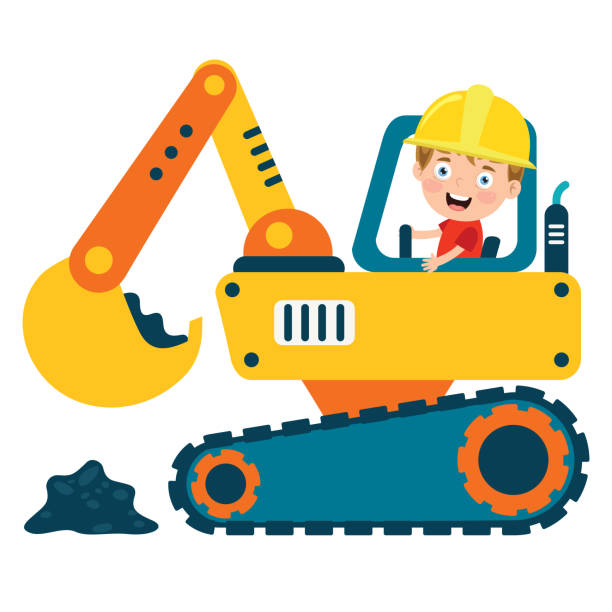 Funny Kid Using Excavator Machine Funny Kid Using Excavator Machine road scraper stock illustrations