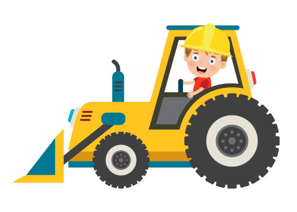 Funny Kid Using Loader Machine Funny Kid Using Loader Machine construction vehicle stock illustrations