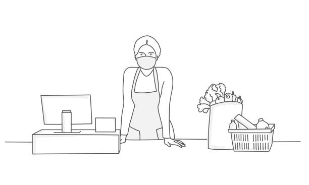 ilustrações de stock, clip art, desenhos animados e ícones de cashier or supermarket staff in medical protective mask. - supermarket worker