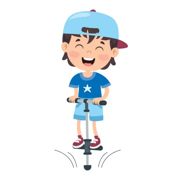 Vector illustration of Funny Kid Playing With Pogo Stick