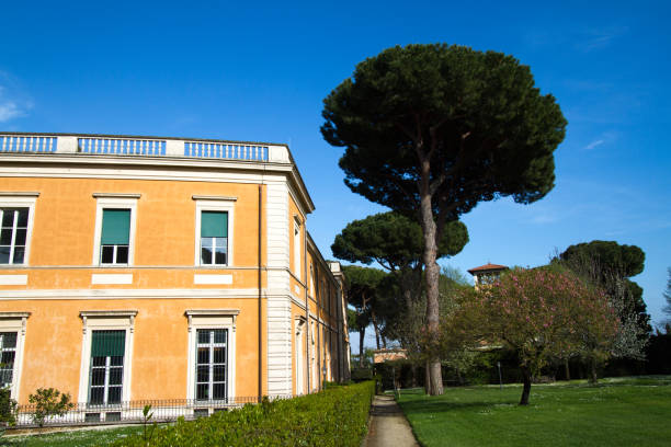 Rome, Italy: American Academy of Rome Exterior Rome, Italy: The American Academy of Rome building, built in 1911 by architects McKim, Mead and White on the Janiculum Hill. pinus pinea photos stock pictures, royalty-free photos & images