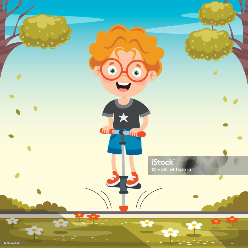 Funny Kid Playing With Pogo Stick Stock Illustration - Download Image Now -  Pogo Stick, Jumping, Child - iStock