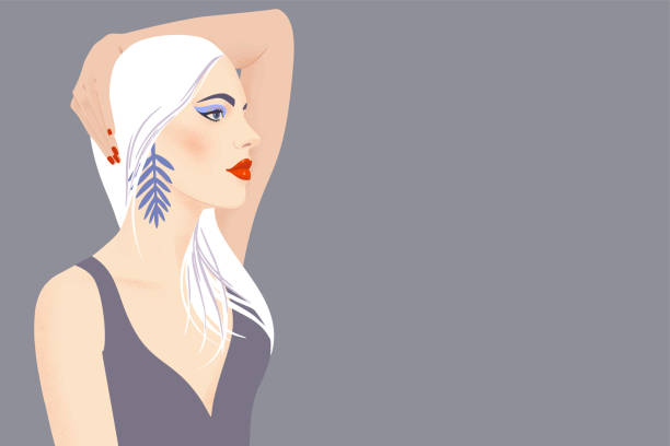 Portrait of a girl with blond long hair and large earrings. Pretty woman with bright makeup on gray background with copy space. Flat vector illustration. Fashion model pose, beauty look. Portrait of a girl with blond long hair and large earrings. Pretty woman with bright makeup on gray background with copy space. Flat vector illustration. Fashion model pose, beauty look. dress illustrations stock illustrations