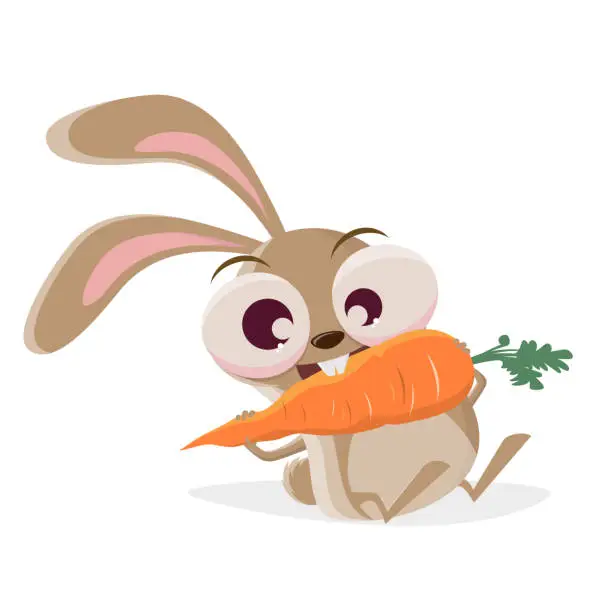 Vector illustration of funny cartoon illustration of a crazy rabbit eating a big carrot