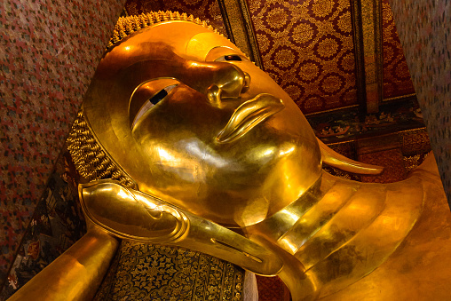 Buddha, Architectural Details of the Temple of the Recumbent Big Buddha in Bangkok Grand Royal Palace, Thailand