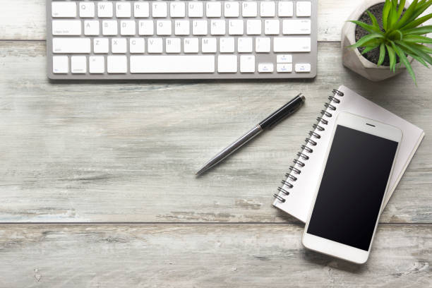 istock Office desk table with supplies. Flat lay Business workplace and objects. Top view. Copy space for text 1225875391