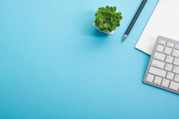 istock Office desk table with supplies. Flat lay Business workplace and objects. Top view. Copy space for text 1225875401