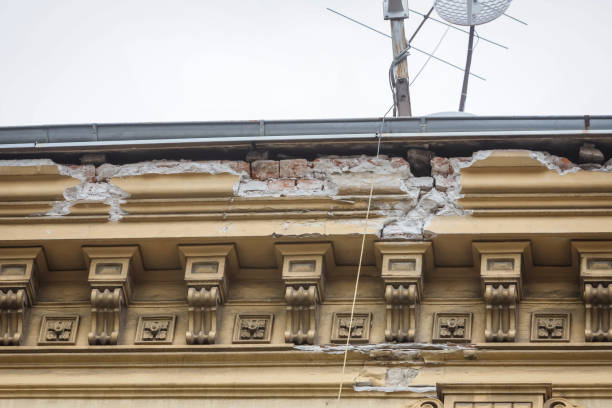 Damaged buildings in downtown of Zagreb after earthquake Zagreb, Croatia - April 16, 2020 : Close up of damaged buildings that was damaged by the earthquake of 5.5 on the Richter scale one month ago in downtown of Zagreb, Croatia. zagreb earthquake stock pictures, royalty-free photos & images