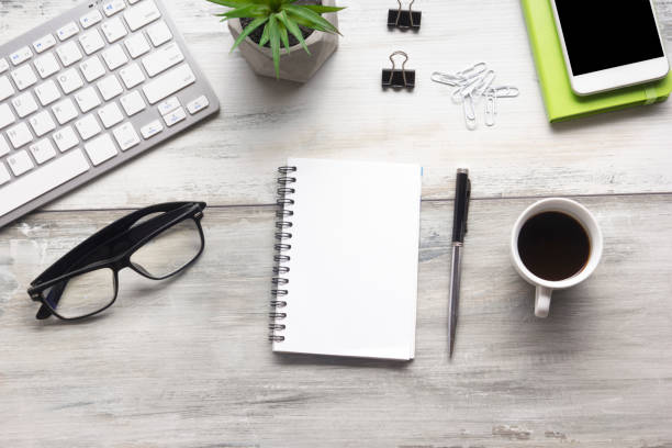 istock Office desk table with supplies. Flat lay Business workplace and objects. Top view. Copy space for text 1225875746