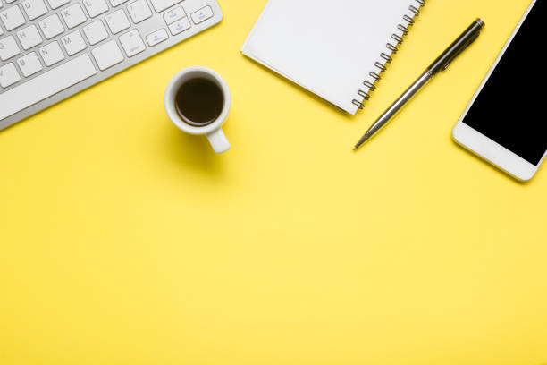 istock Office desk table with supplies. Flat lay Business workplace and objects. Top view. Copy space for text 1225875757